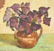 Irish School, A still life of flowers in a stone jug, oil on board, bears signature, labels verso,