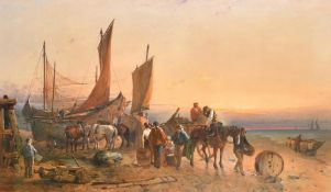 Aaron Penley (1806-1870) British, A busy shore scene, men tending their boats, a horse and cart