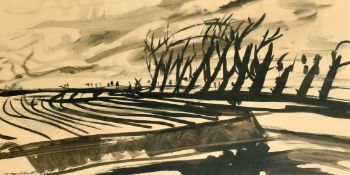 David Smith, circa 1947, an open landscape with fields, ink, signed and dated 1947, 9.75