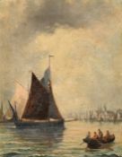 19th Century, Sailing boats and men in a rowing boat in a harbour, oil on canvas, 10