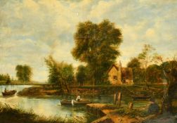 19th Century English School, A river landscape with a dwelling, figures in boats and cattle