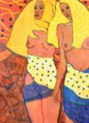 Kanwaldeep Singh Kang, signed Nicks (1964-2007) British, two scantily clad females, oil on board,