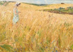 Vladimir Trofimovich Skryabin (1927-1989) Russian, A lady in a cornfield, oil on board, signed,