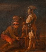 Late 19th Century, a guard wearing armour watching over three men playing a game, oil on metal, 9.5