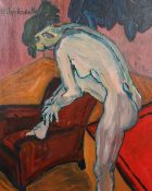 Adriaan Vandewalle (1907-1997), A nude woman putting on a stocking, oil on canvas, signed, 39.5