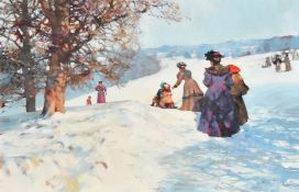Dianne Flynn (b. 1939), elegant figures tobogganing in a snowy landscape, oil on canvas, signed, 16