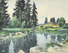 Henri Bouvrie (b.1896) 'Oye et Pallet', a landscape with river and trees, watercolour, signed and