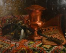 Victor Leclaire (1830-1885) French, A large copper tea urn sitting on a large rug with a saddle,