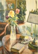 Russian School, circa 1975, a still life of roses and sculpture in an interior setting, watercolour,