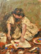 20th Century School, A young girl painting, oil on canvas, bears signature, 16