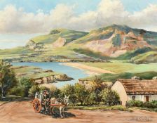 Hugh Crosby (20th Century), A milkman seated on a cart being pulled by a donkey in an Irish