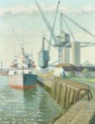 Anne. E. Christopherson (b.1921), 'Making fast at Lovell's Wharf', oil on canvas, initialled,