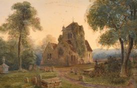 Late 19th Century English School, Figure outside a church at dusk, watercolour, 7.75