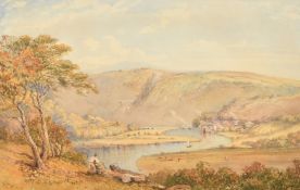 Philip Mitchell (1814-1896), British, an extensive landscape with a figure by a tree trunk, a