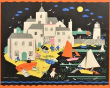 Peggy Wickham, A busy harbour scene in an original Oak frame, colour print, 11