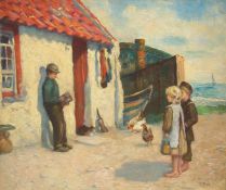 Jeannie Morrison Rose (exhibited 1890-1905), children watching a figure playing a squeezebox by a