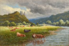 Sydney M. Broad (1853-1942) cattle watering in a river with a castle on a hilltop beyond, oil on