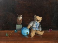 Deborah Jones (1921-2012) British, Teddy and Owl, oil on board, signed, 16