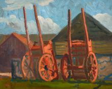 John Brown (20th Century) British, A pair of farmyard scenes, one with two carts, the other with a