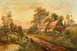 Walter Wallor Caffyn (1845-1898) British, thatched cottage by a river with wildflowers, oil on