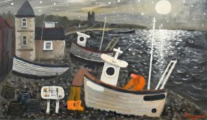 Alan Furneaux (b. 1953) Moonlight over Aldeburgh beach, acrylic on board, label verso, 14