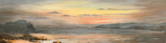 Channel Islands School, circa 1900, a view of Elizabeth Castle, St. Helier, Jersey, at dusk, oil