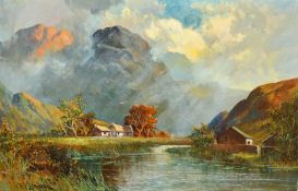 F. E. Jamieson (1895-1950), A highland view, dwellings near a river surrounded by mountains, oil