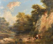 19th Century, circa 1880, A tranquil river scene with figures resting with a donkey, oil on