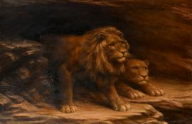 Continental School (19th Century), Two lions at an entrance to a den, oil on canvas, indistinctly