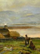 Circa 1900, A coastal scene with two women, one holding a basket the other seated on a rock near