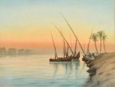 Aime Felix Nicollerat (1876-1946) French, A view in Egypt, fishing boats at the edge of a river with