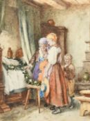 19th Century, a scene of figures gathered around a bedside, watercolour, signed with initials, G.G.,
