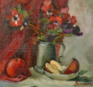 Connie Simmers (b.1941), a still life of flowers in a jug with apples, oil on canvas board,