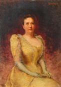 Benziger (19th Century) Portrait of a seated lady wearing a yellow dress holding a fan, oil on