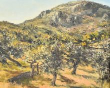 Josine Vignon (1922-2022), 'Les Olives', oil on canvas, signed, inscription verso and writing on