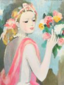 After Marie Laurencin, a portrait of a lady with flowers, oil on canvas, Galerie Troubetzkoy stamp