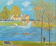 Claude Boussier, A river scene with figures rowing past a mill and a group of horses approaching a