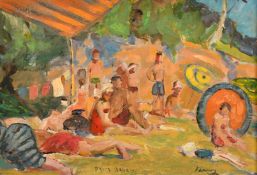 20th Century, Figures in the sun on the beach, inscribed and bears signature, 9.75