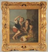 After Murillo, circa 1900, Two children eating fruit, oil on board, bears signature, 10.25