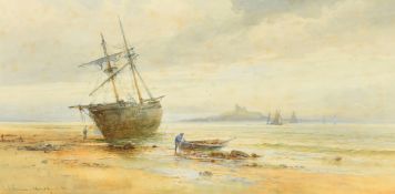 Emil Axel Kraese (1871-1945) Danish, A beach scene with two figures, moored boats and sailing