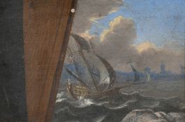 17th/18th Century, boats at full sail approaching a port, oil on canvas laid onto board, 4.75