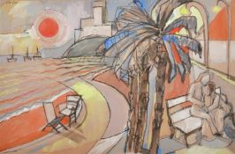 A mixed media drawing of a couple embracing on a bench at a Riviera resort, signed top left, 9.25