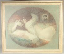 Ludmil Siskov (b. 1936) Hungarian, figures in embrace under the watchful gaze of a portrait, oil