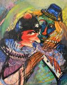 20th Century, 'Clowns', one playing a musical instrument, oil on panel, indistinctly signed and
