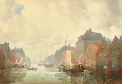 John Ernest Aitken (1881-1957), 'Old Holland', a waterway with Dutch barges, watercolour, labels