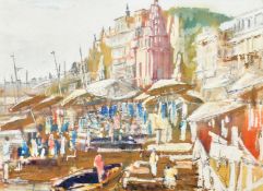Robert Bindloss, 'Dehli', a busy riverside scene, mixed media, inscription verso, 9.25