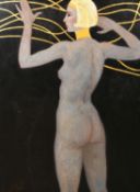 Kanwaldeep Singh Kang, signed Nicks (1964-2007) British, Female nude with streamers, oil on