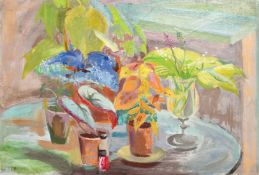 Phyllis Bray (1911-1991) British, A still life of mixed plants in pots on a table, oil on canvas,