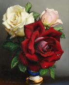 Irene Klestova (1909-1989) A red, white and pink rose with dew drops in a China vase, oil on