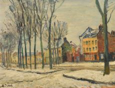 August Durel (1904-1993) French, A snowy street scene with buildings and a row of trees along the
